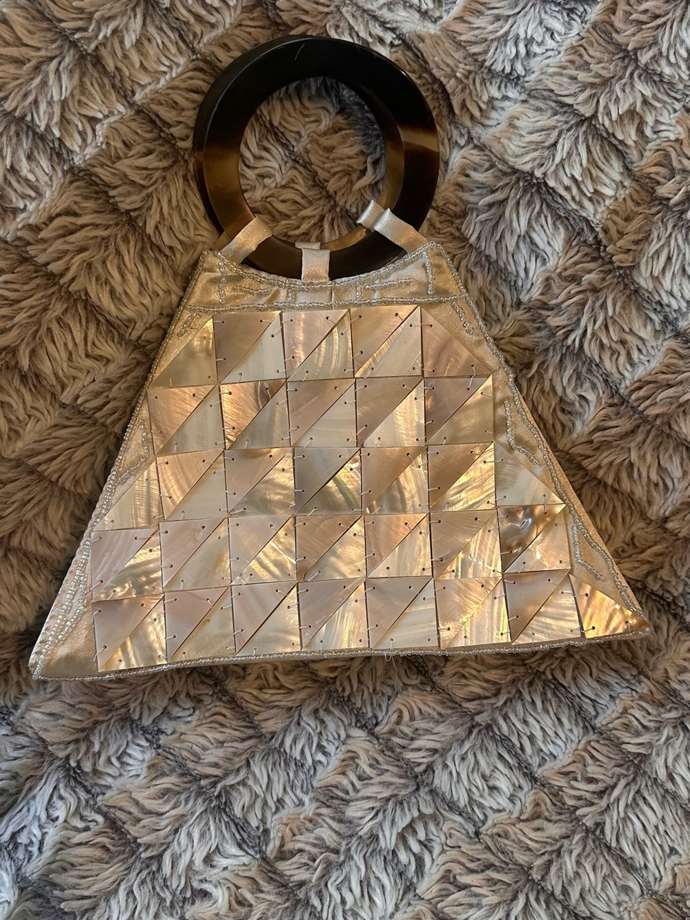 Vintage Handmade Mother of Pearl Shell Mosaic Clutch Evening Bag